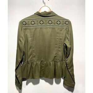 Bunulu shirt bohemian military green embroidered casual flare hem women S